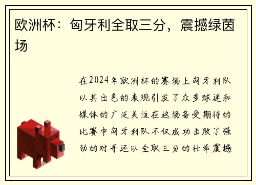 欧洲杯：匈牙利全取三分，震撼绿茵场