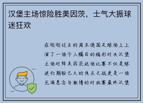 汉堡主场惊险胜美因茨，士气大振球迷狂欢